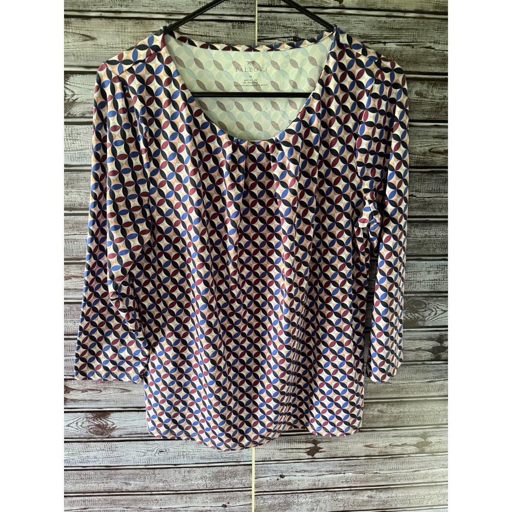 Talbots Womens M Geometric Print 3/4 Sleeve Scoop Neck Pleated Knit Top Blouse